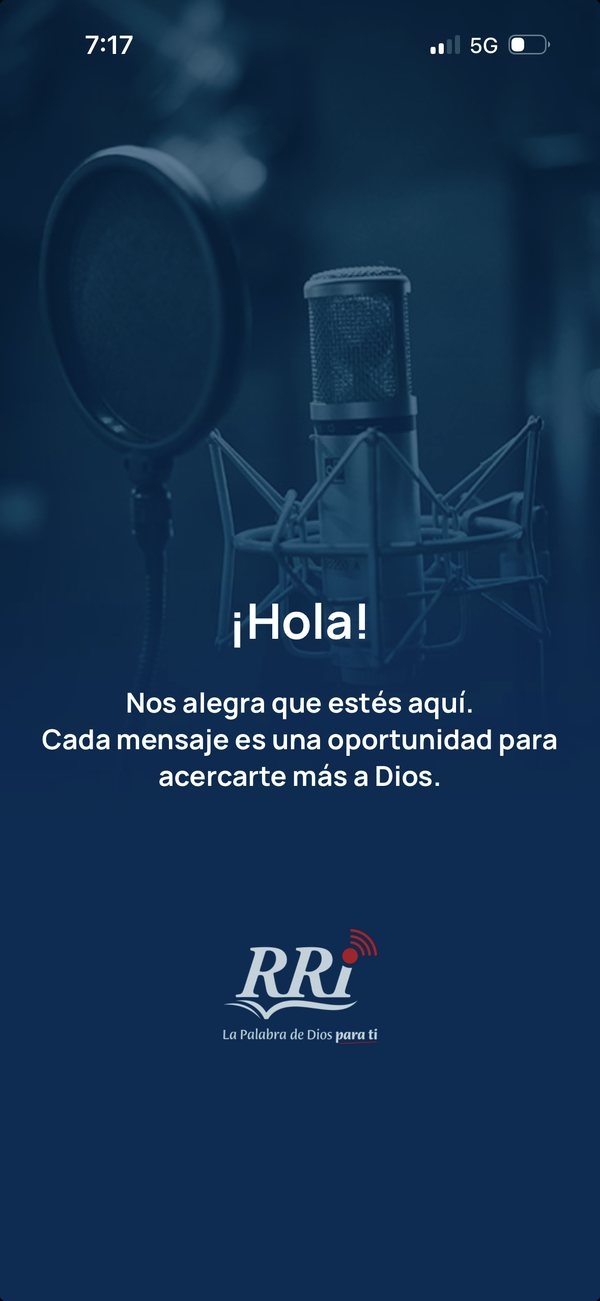 Pantalla de bienvenida de la app RRI